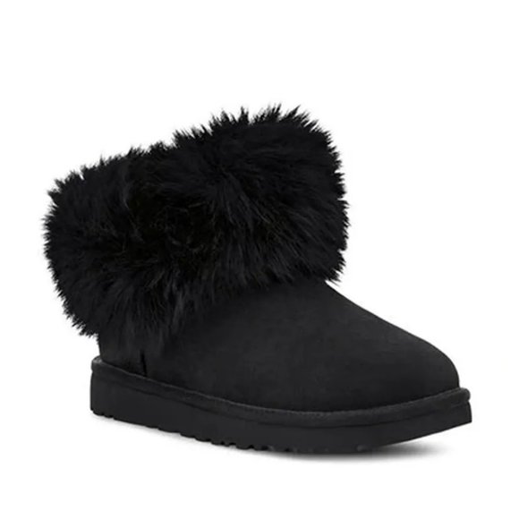 UGG Mini Fluff Collar Black Booties Sheepskin Suede US Size 6 1112491 - Picture 1 of 10